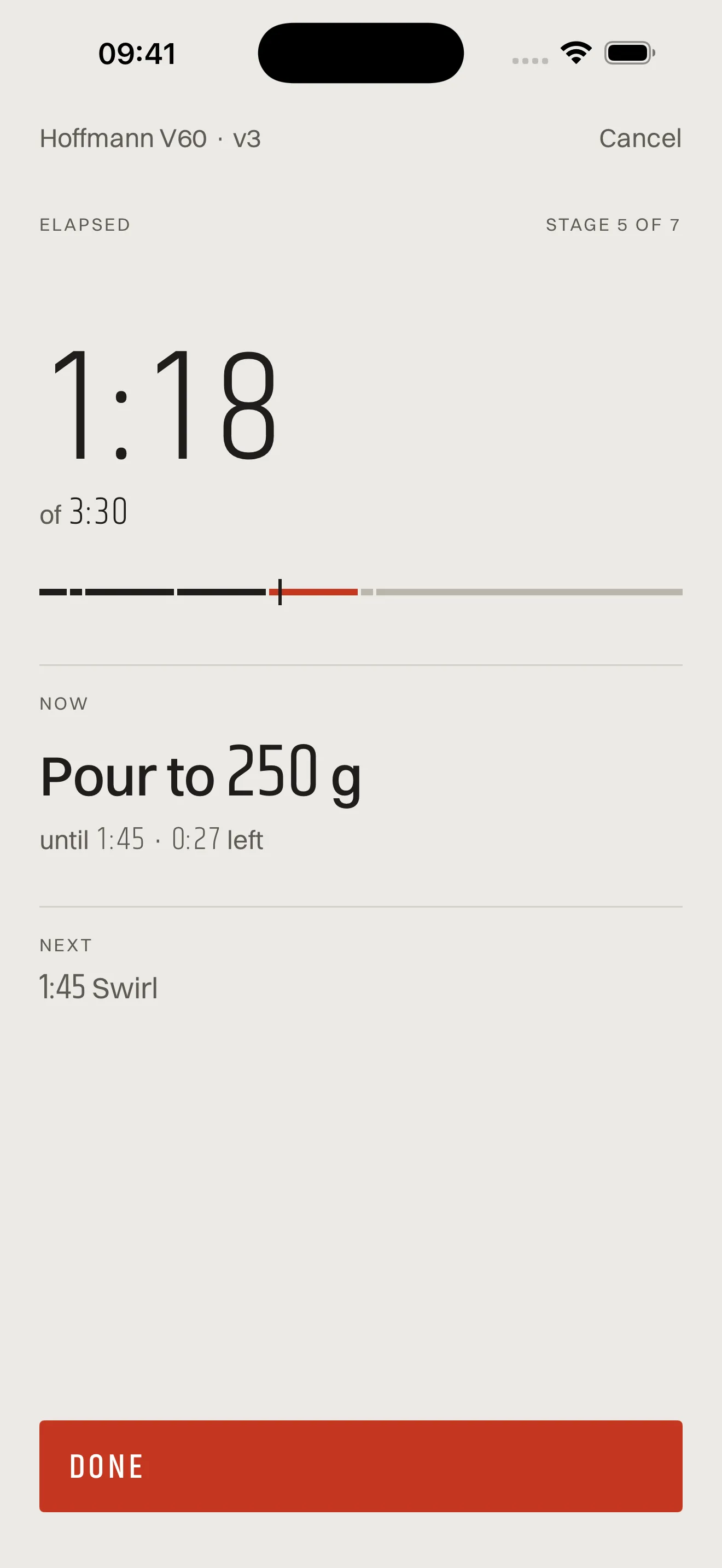The timer at 1:18 of 3:30. Now: pour to 250 g, until 1:45. Next: swirl.